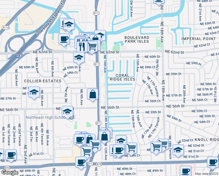 map of restaurants, bars, coffee shops, grocery stores, and more near 5721 Northeast 14th Avenue in Fort Lauderdale