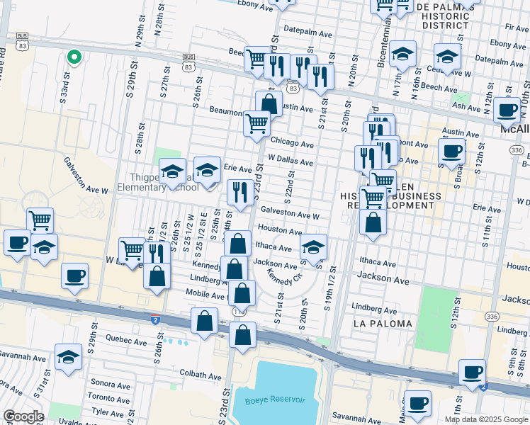 map of restaurants, bars, coffee shops, grocery stores, and more near 2231 Galveston Avenue in McAllen