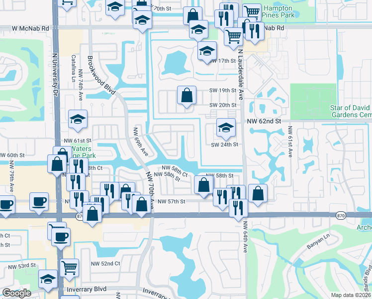 map of restaurants, bars, coffee shops, grocery stores, and more near 6001 Northwest 67th Avenue in Tamarac