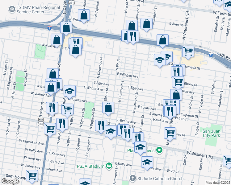 map of restaurants, bars, coffee shops, grocery stores, and more near 512 North Fir Street in Pharr