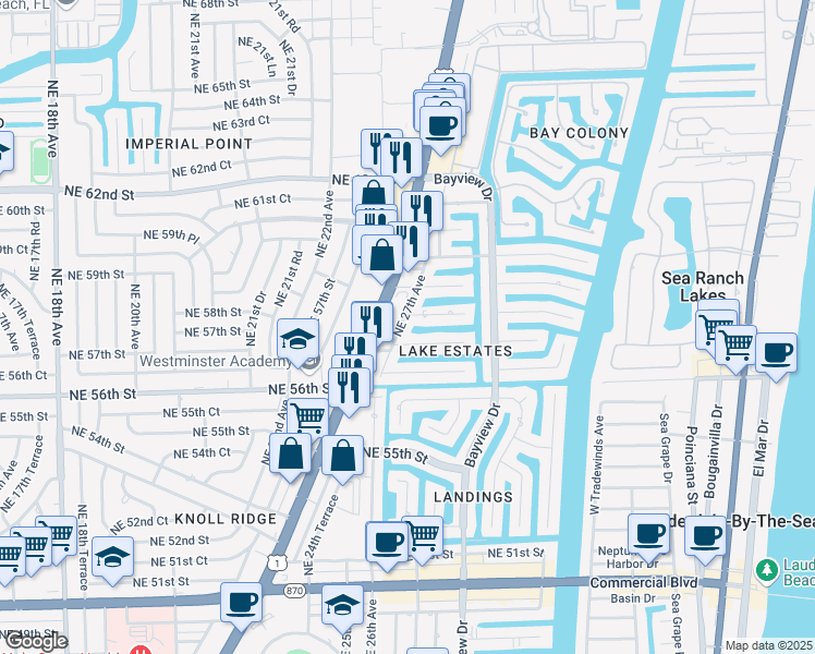 map of restaurants, bars, coffee shops, grocery stores, and more near 2700 Northeast 57th Court in Fort Lauderdale