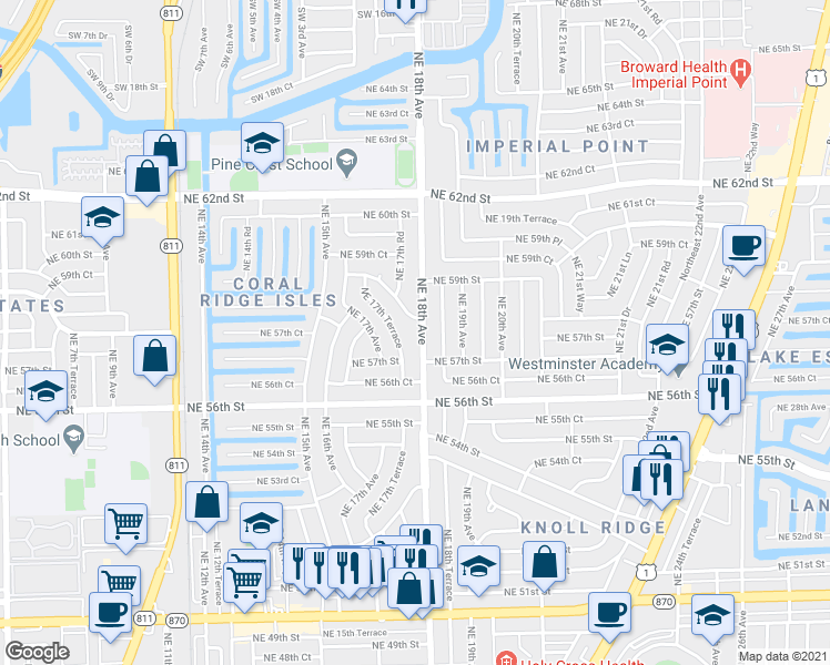 map of restaurants, bars, coffee shops, grocery stores, and more near 5740 Northeast 18th Avenue in Fort Lauderdale