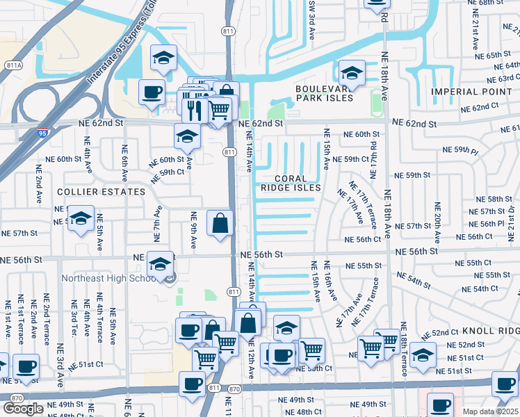 map of restaurants, bars, coffee shops, grocery stores, and more near 5721 Northeast 14th Avenue in Fort Lauderdale