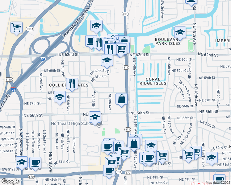 map of restaurants, bars, coffee shops, grocery stores, and more near 921 Northeast 58th Street in Fort Lauderdale