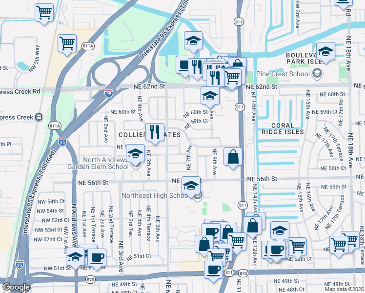 map of restaurants, bars, coffee shops, grocery stores, and more near 5800 Northeast 6th Terrace in Fort Lauderdale
