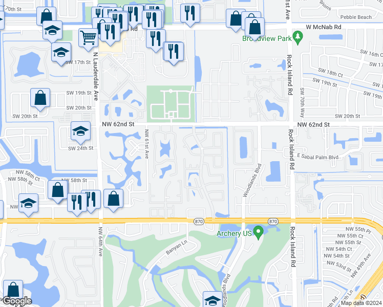map of restaurants, bars, coffee shops, grocery stores, and more near 6021 Woodland Point Drive in Tamarac
