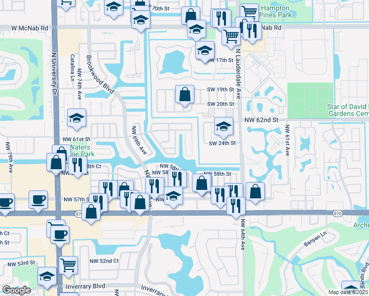 map of restaurants, bars, coffee shops, grocery stores, and more near 6001 Northwest 67th Avenue in Tamarac