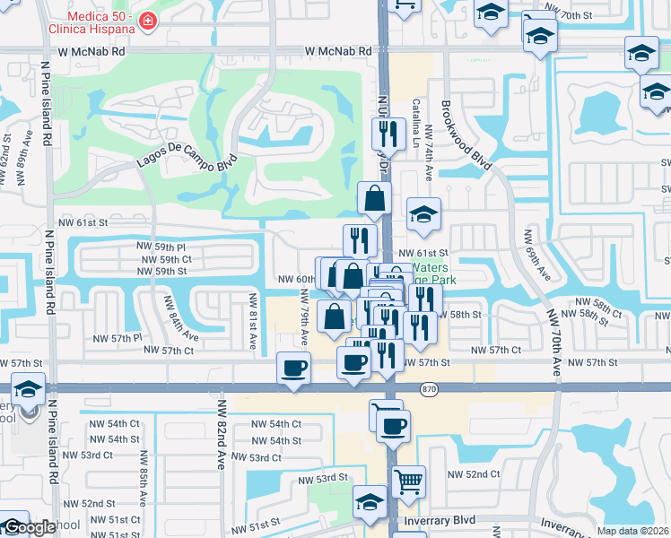 map of restaurants, bars, coffee shops, grocery stores, and more near 6017 Northwest 77th Avenue in Tamarac