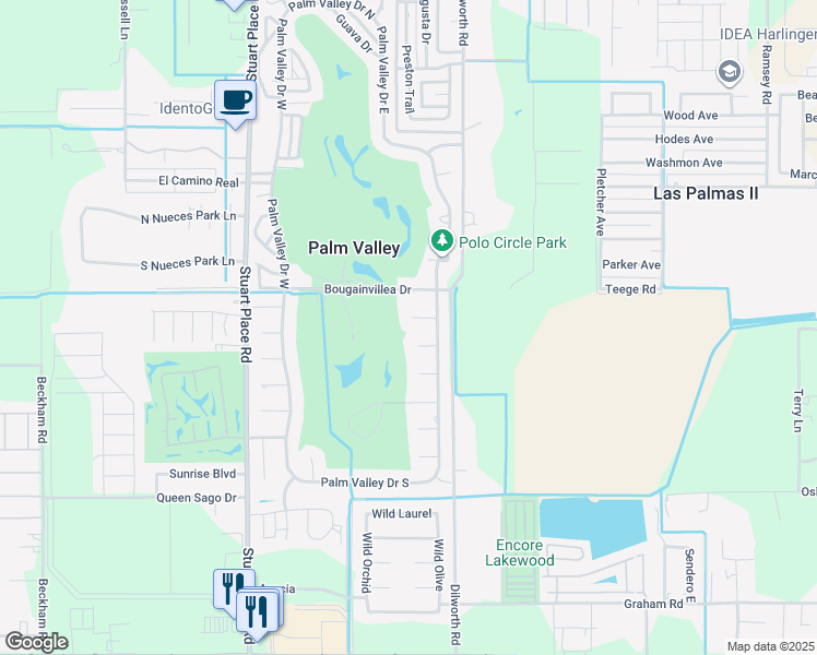 map of restaurants, bars, coffee shops, grocery stores, and more near 5125 Manana Circle in Harlingen