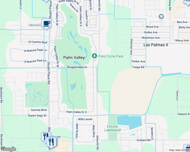 map of restaurants, bars, coffee shops, grocery stores, and more near 616 Palm Valley Drive East in Harlingen