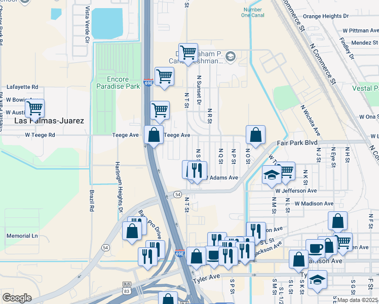 map of restaurants, bars, coffee shops, grocery stores, and more near 614 North T Street in Harlingen