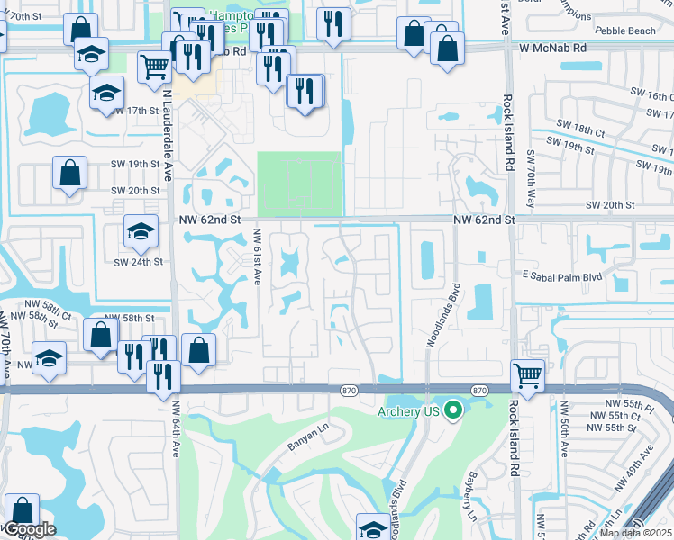 map of restaurants, bars, coffee shops, grocery stores, and more near 6021 Woodland Point Drive in Tamarac
