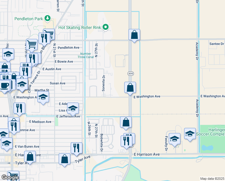 map of restaurants, bars, coffee shops, grocery stores, and more near 714 Sonesta Court in Harlingen