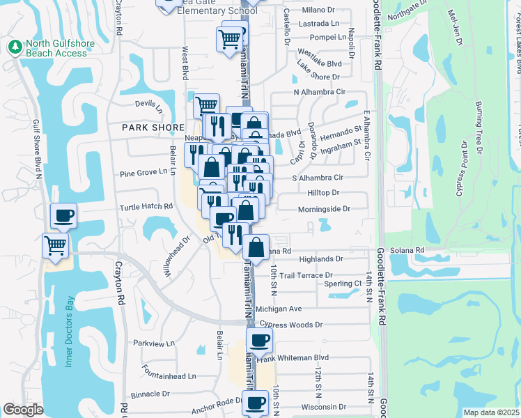 map of restaurants, bars, coffee shops, grocery stores, and more near 4296 Tamiami Trail North in Naples