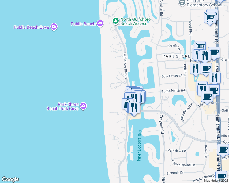 map of restaurants, bars, coffee shops, grocery stores, and more near 4251 Gulf Shore Boulevard North in Naples