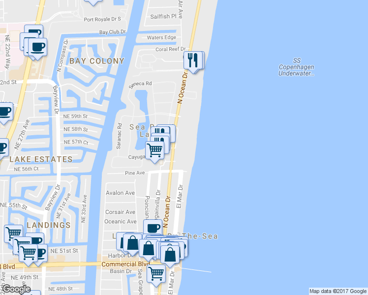 map of restaurants, bars, coffee shops, grocery stores, and more near 4723 North Ocean Drive in Lauderdale-by-the-Sea