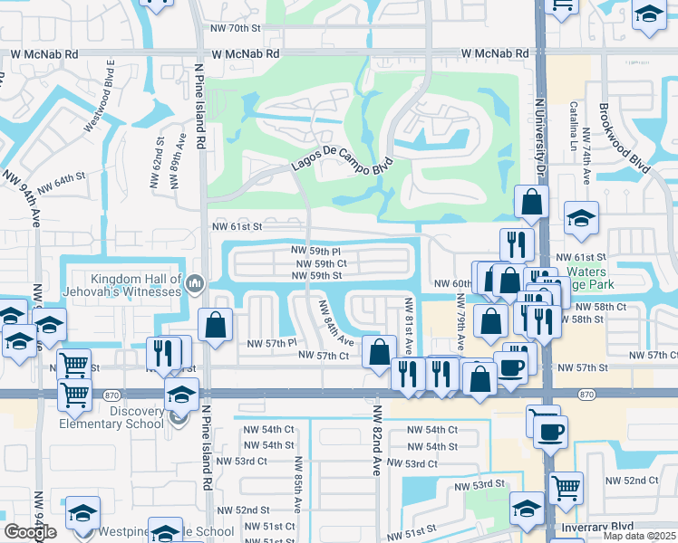 map of restaurants, bars, coffee shops, grocery stores, and more near 8311 Northwest 59th Street in Tamarac