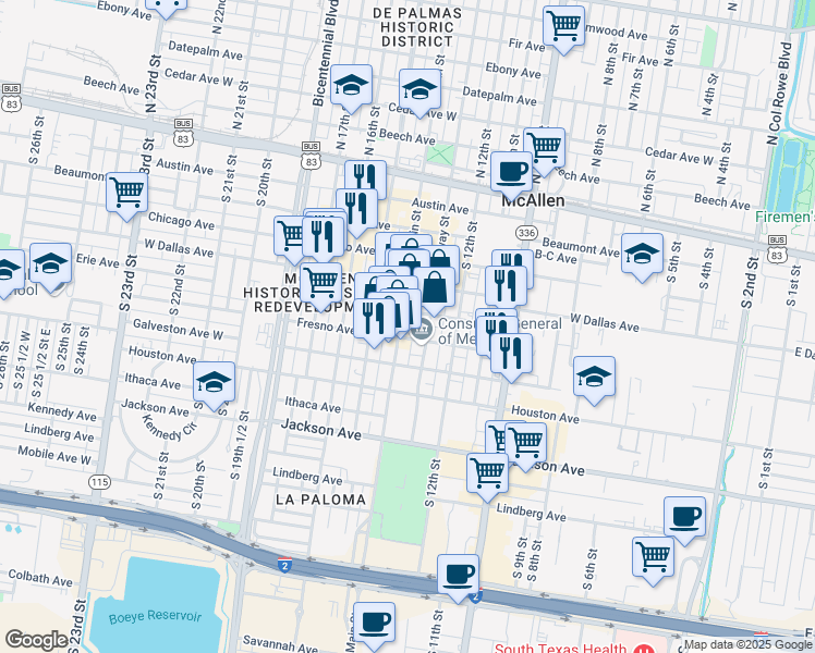 map of restaurants, bars, coffee shops, grocery stores, and more near 513 South Main Street in McAllen