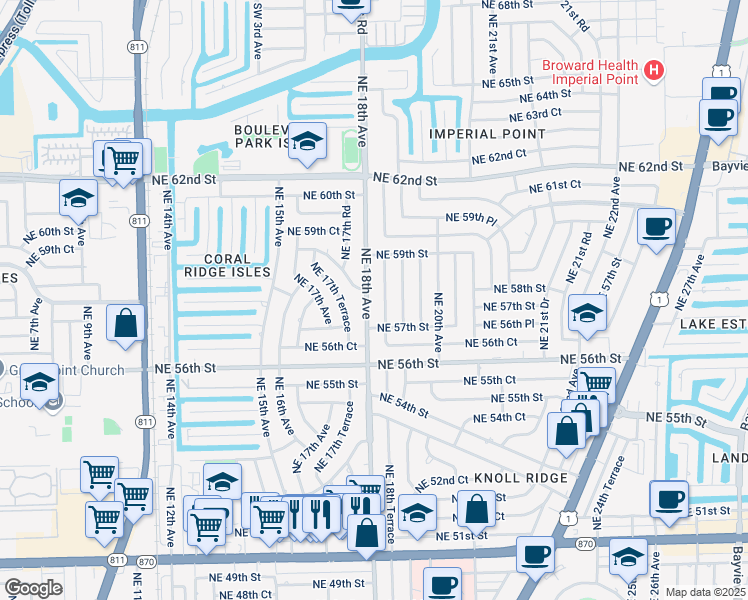 map of restaurants, bars, coffee shops, grocery stores, and more near 5740 Northeast 18th Avenue in Fort Lauderdale