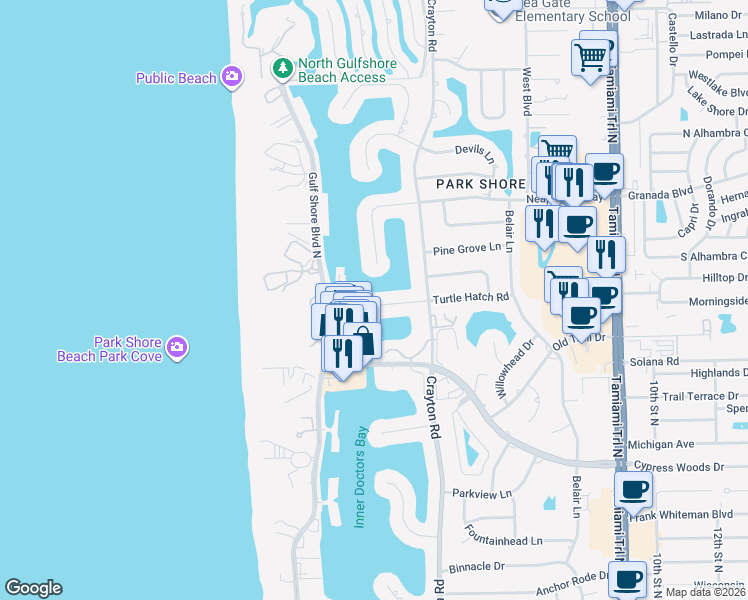 map of restaurants, bars, coffee shops, grocery stores, and more near 307 Turtle Hatch Road in Naples