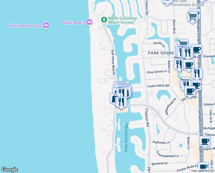 map of restaurants, bars, coffee shops, grocery stores, and more near 4255 Gulf Shore Boulevard North in Naples