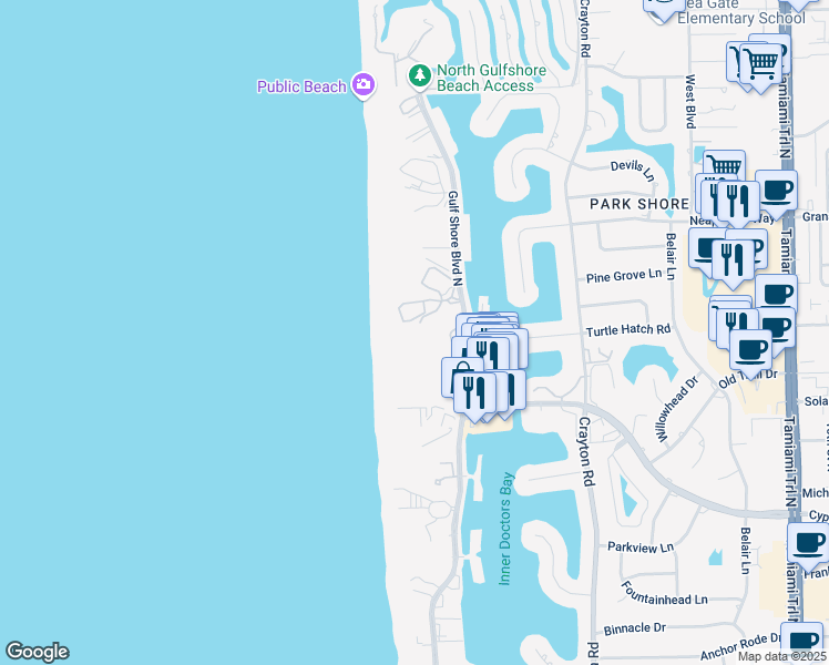 map of restaurants, bars, coffee shops, grocery stores, and more near 4251 Gulf Shore Boulevard North in Naples