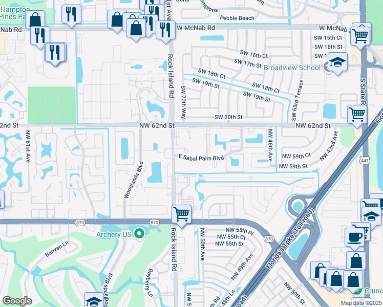 map of restaurants, bars, coffee shops, grocery stores, and more near 5155 East Sabal Palm Boulevard in Tamarac
