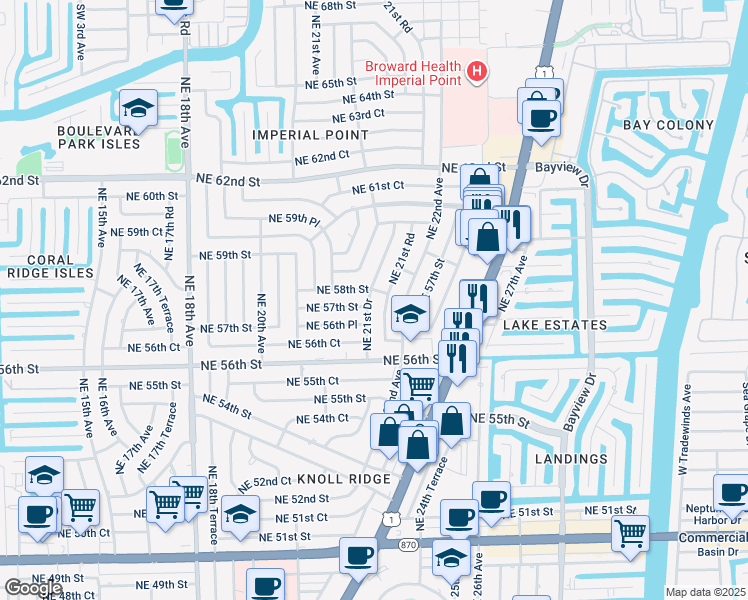 map of restaurants, bars, coffee shops, grocery stores, and more near 5706 Northeast 21st Drive in Fort Lauderdale