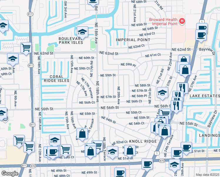 map of restaurants, bars, coffee shops, grocery stores, and more near 5740 Northeast 19th Avenue in Fort Lauderdale