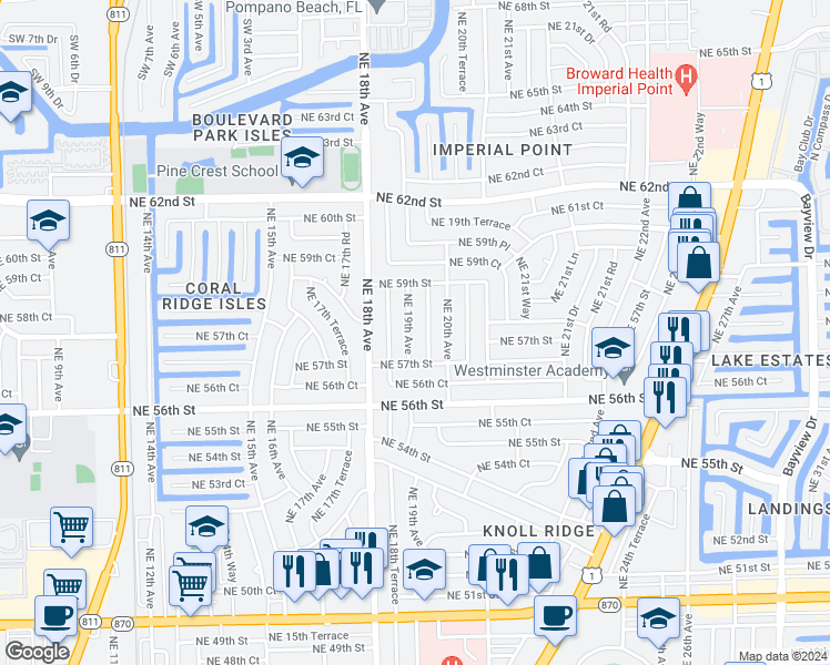 map of restaurants, bars, coffee shops, grocery stores, and more near 5740 Northeast 19th Avenue in Fort Lauderdale