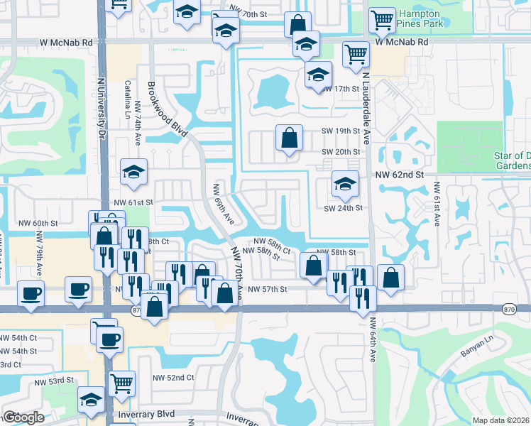 map of restaurants, bars, coffee shops, grocery stores, and more near 6717 Northwest 60th Street in Tamarac