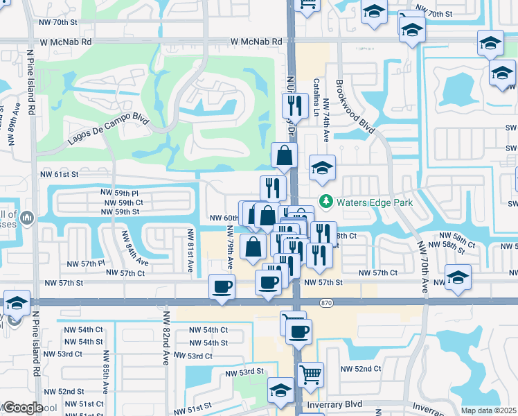 map of restaurants, bars, coffee shops, grocery stores, and more near 6017 Northwest 77th Avenue in Tamarac