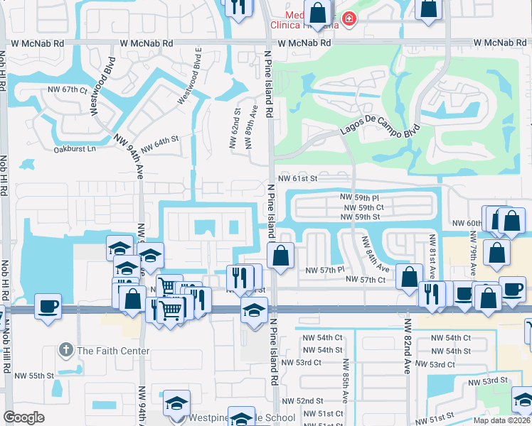 map of restaurants, bars, coffee shops, grocery stores, and more near 5960 Northwest 88th Avenue in Tamarac