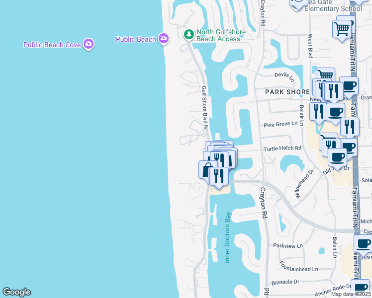map of restaurants, bars, coffee shops, grocery stores, and more near 4251 Gulf Shore Boulevard North in Naples