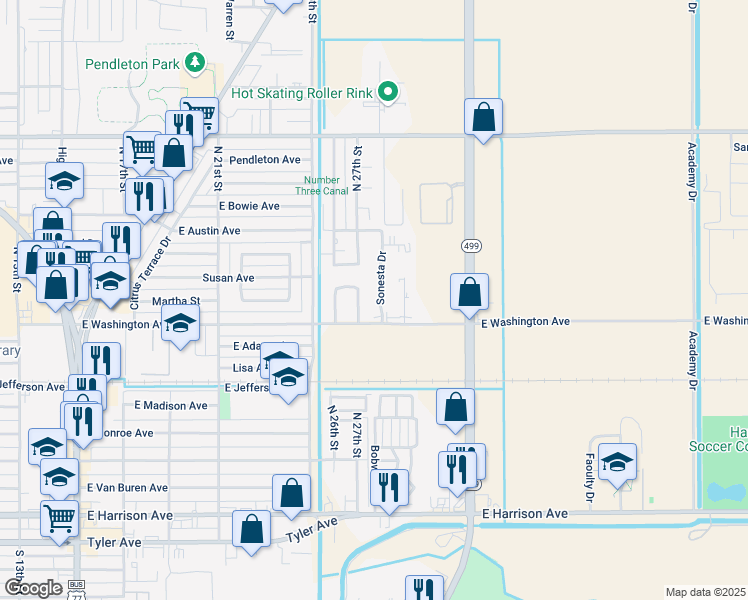 map of restaurants, bars, coffee shops, grocery stores, and more near 718 Sonesta Drive in Harlingen