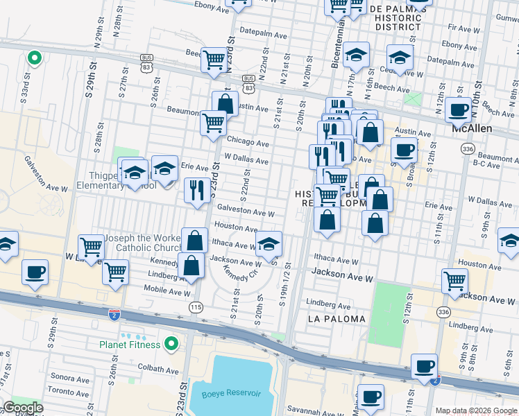 map of restaurants, bars, coffee shops, grocery stores, and more near 2034 Galveston Avenue in McAllen