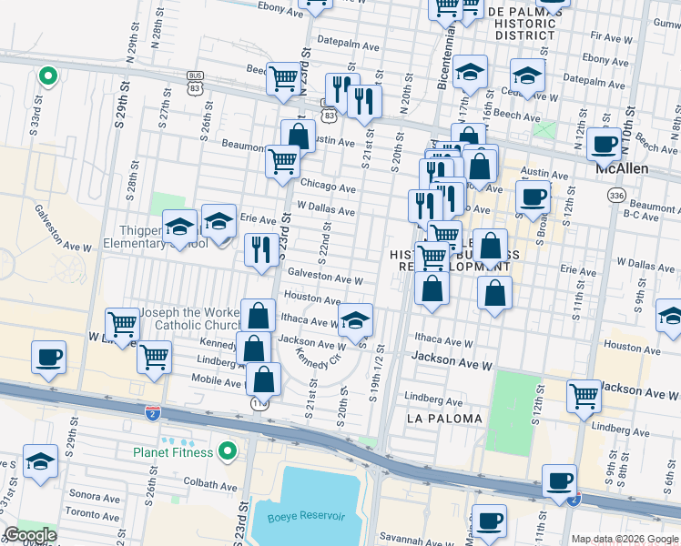 map of restaurants, bars, coffee shops, grocery stores, and more near 2124 Galveston Avenue in McAllen