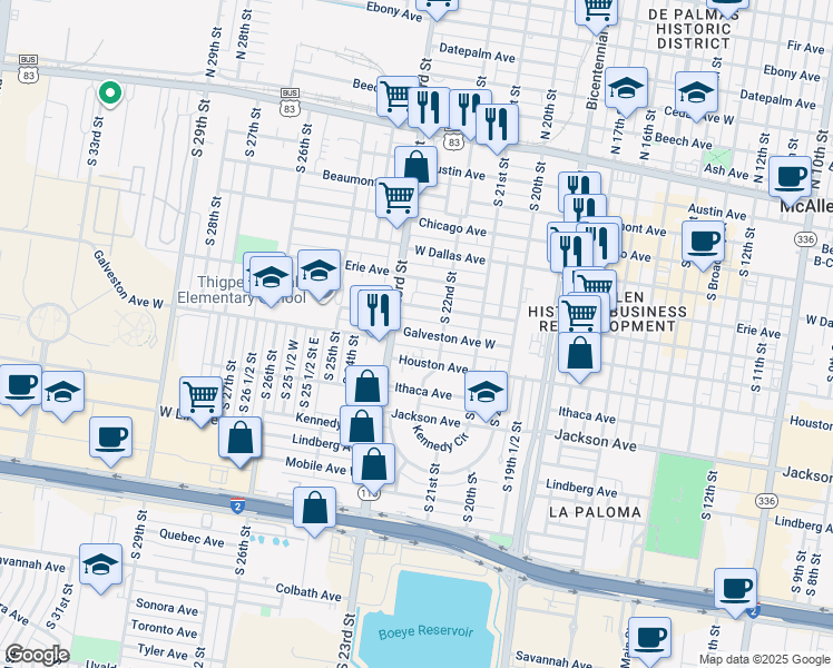 map of restaurants, bars, coffee shops, grocery stores, and more near 2231 Galveston Avenue in McAllen