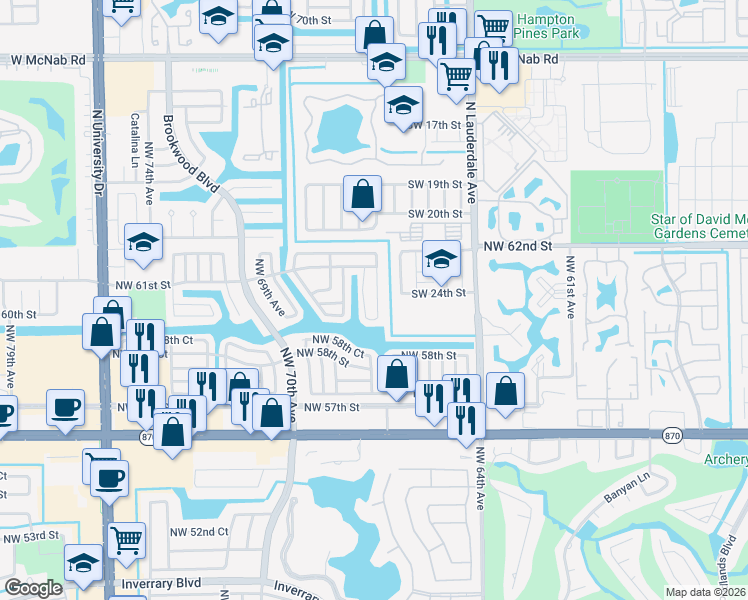 map of restaurants, bars, coffee shops, grocery stores, and more near 6001 Northwest 67th Avenue in Tamarac