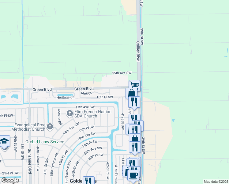 map of restaurants, bars, coffee shops, grocery stores, and more near 4150 Green Boulevard in Naples