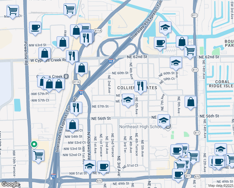 map of restaurants, bars, coffee shops, grocery stores, and more near 5800 Northeast 2nd Terrace in Fort Lauderdale