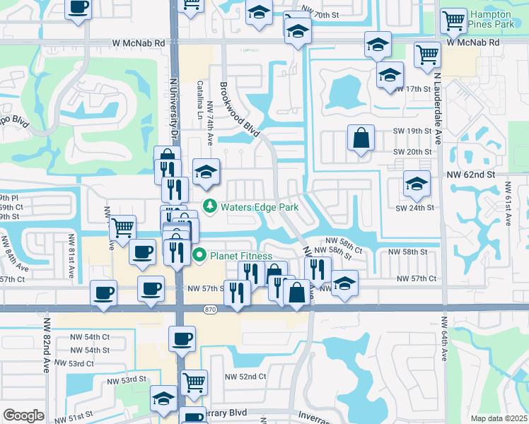 map of restaurants, bars, coffee shops, grocery stores, and more near 6003 Northwest 71st Avenue in Tamarac