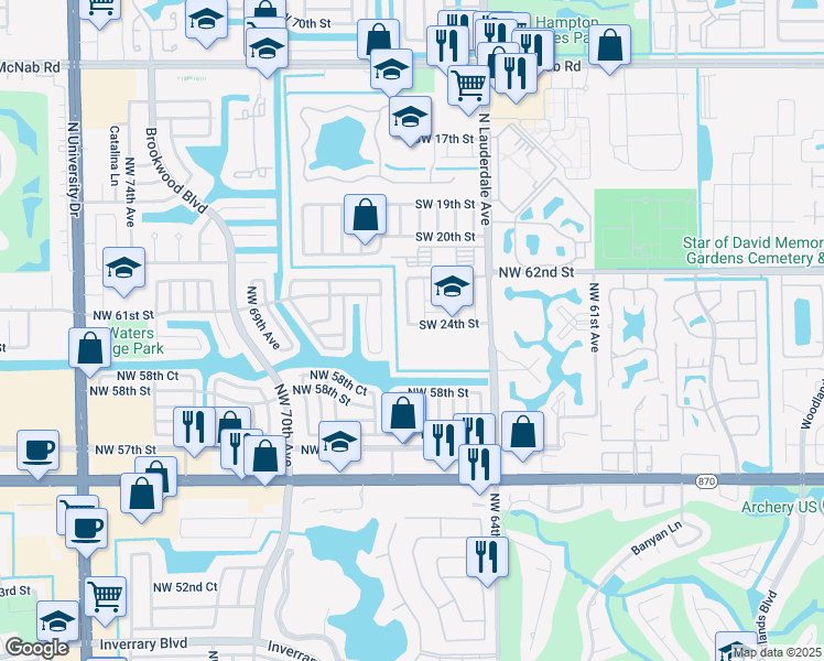 map of restaurants, bars, coffee shops, grocery stores, and more near 8280 Southwest 24th Street in North Lauderdale