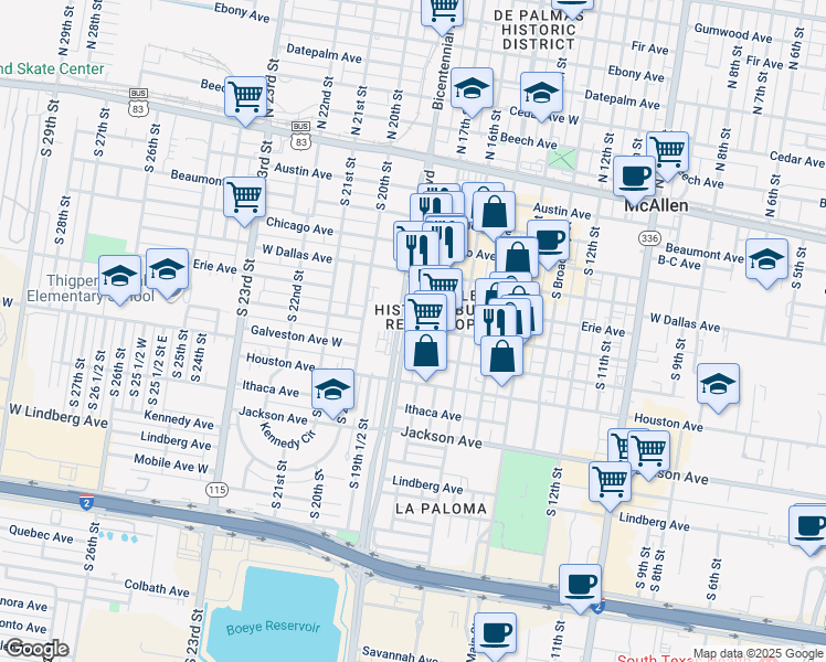 map of restaurants, bars, coffee shops, grocery stores, and more near 1717 Fresno Avenue in McAllen