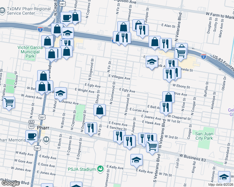 map of restaurants, bars, coffee shops, grocery stores, and more near 807 East Wright Avenue in Pharr