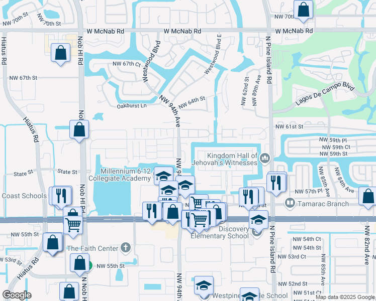 map of restaurants, bars, coffee shops, grocery stores, and more near 5946 Northwest 93rd Terrace in Tamarac