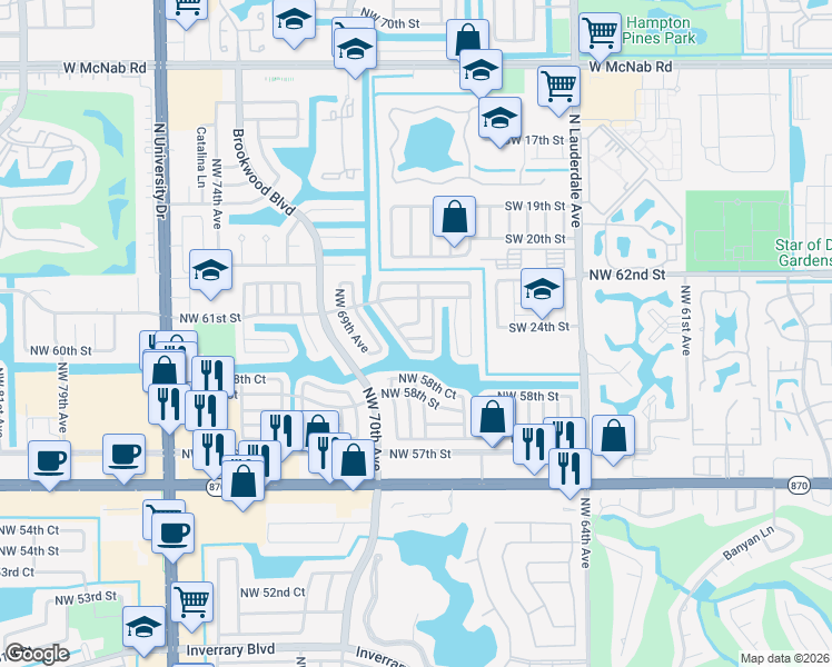 map of restaurants, bars, coffee shops, grocery stores, and more near 6717 Northwest 60th Street in Tamarac
