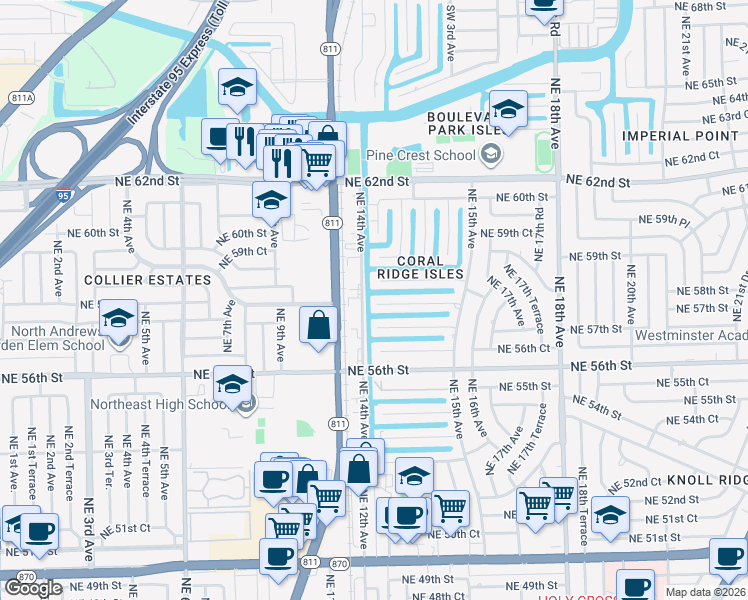 map of restaurants, bars, coffee shops, grocery stores, and more near 5721 Northeast 14th Avenue in Fort Lauderdale