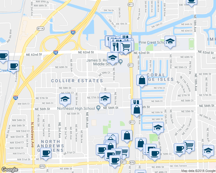 map of restaurants, bars, coffee shops, grocery stores, and more near 741 Northeast 58th Street in Fort Lauderdale