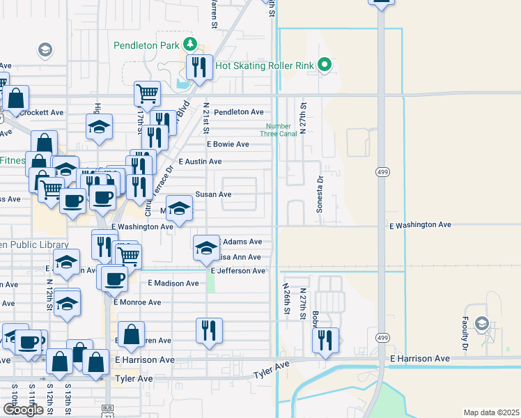 map of restaurants, bars, coffee shops, grocery stores, and more near 2316-2320 South Whitehouse Circle in Harlingen